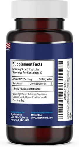 Miniatura 2 de AgeImmune Suplemento de nattoquinasa 4000 FU 200mg - Enzima - Apoyo cardiovascular 120 cápsulas - Derivado de Natto japonés - Fabricado