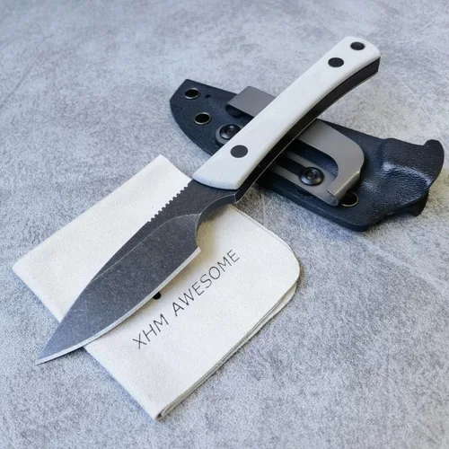Miniatura 9 de EDC Cuchillo de hoja fija, hoja de acero 7Cr13Mov de espiga completa, mango G10, funda de cuero, para caza, supervivencia al aire libre, campamento