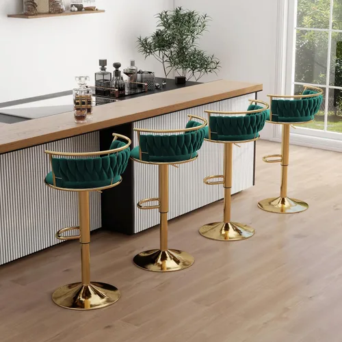 Miniatura 18 de Juego de 2 taburetes de bar giratorios de 360°, silla de bar de terciopelo ajustable a altura de mostrador moderna, taburete de metal plateado