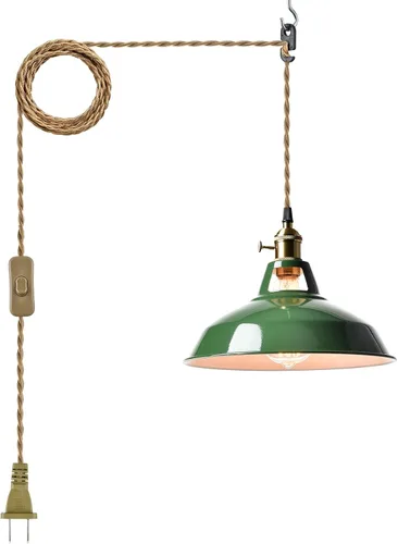 YUBOLE Lámpara Colgante Verde Moderna con Enchufe, Iluminación Colgante Swag de Macarons para Cocina, Pantalla de Granero de Metal con Interruptor