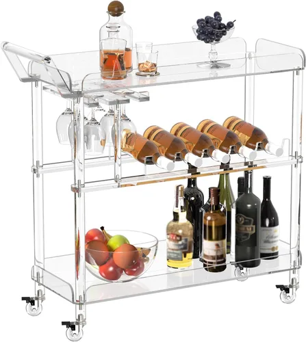 HMYHUM Carrito de barra de acrílico con 4 ruedas con bloqueo, carrito de servicio transparente con estante para vino y soporte para vidrio, carrito