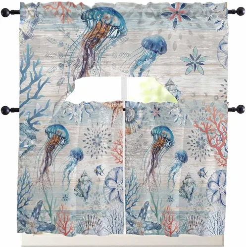 Miniatura 9 de Cortinas de cocina con cenefa de cangrejo oceánico, cenefa con bolsillo para barra, paneles de cortina para dormitorio, sala de estar, baño