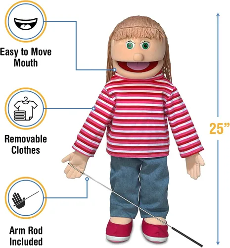 Miniatura 3 de 25" Emily, chica melocotón, cuerpo completo, marioneta estilo ventrílocuo