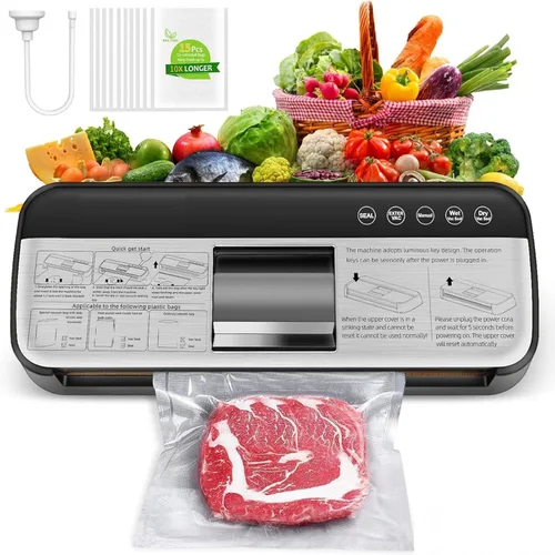 Máquina selladora al vacío de 85 KPa, sellador automático de alimentos de un solo toque con 15 bolsas, seco/húmedo/sellado/manual/externo Vac,