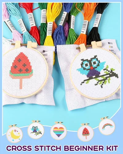 Miniatura 5 de Pllieay Kit de punto de cruz para principiantes para niños de 7 a 13 años, incluye 6 patrones de punto de cruz y 2 aros, 12 madejas, kit de inicio