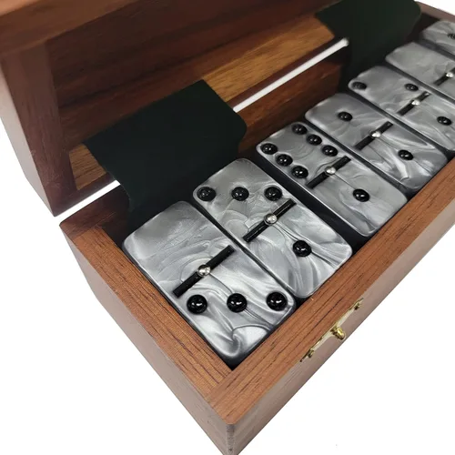 Miniatura 3 de Marion Domino Double Six Silver Marbleized Jumbo Torneo Tamaño Profesional con Spinners en caja de madera Sheesham de cola de milano. plateado