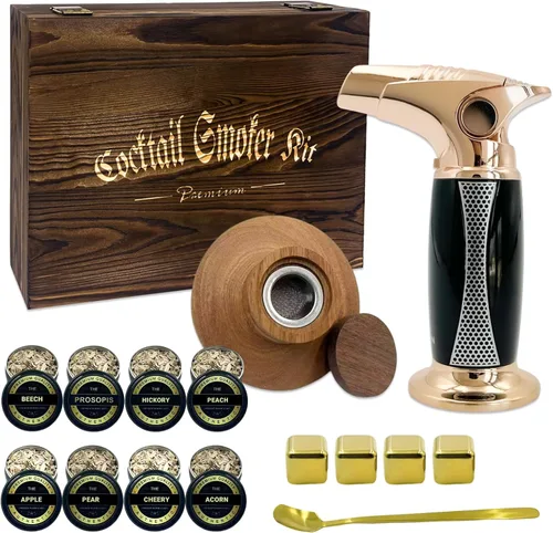 Kit de ahumador de cóctel con troch y caja de madera de lujo y chips de madera de 8 sabores, regalos de whisky y bourbon para hombres, kit de