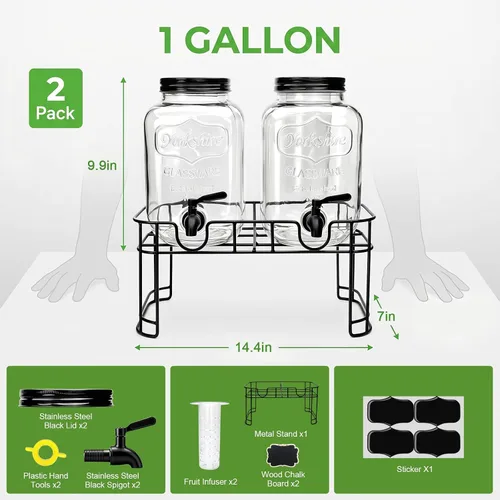Miniatura 2 de Accguan Dispensador de bebidas de 1 galón, dispensador de agua de vidrio con tapa de lata negra y grifo de acero inoxidable negro, marco de hierro