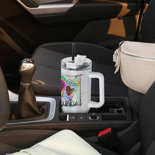 Miniatura 6 de AGH Paquete de 4 vasos de sublimación blancos con purpurina de 40 onzas con popote y tapa de acero inoxidable, vasos aislados al vacío de doble