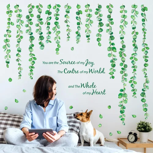 Miniatura 2 de DECOWALL Calcomanías de pared de vid de eucalipto, calcomanías de pared botánicas de hojas verdes para decoración de guardería, dormitorio y sala