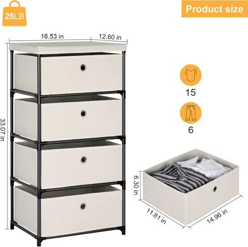 Miniatura 3 de HAITRAL Cajonera de tela, organizador de cajones para ropa - Unidad organizadora de almacenamiento de 4 cajones para armario, cómoda de armario