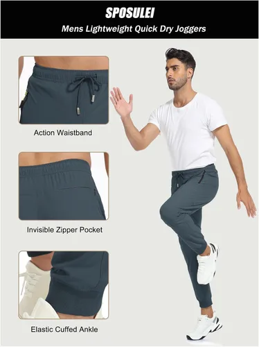 Miniatura 5 de SPOSULEI Mens Lightweight Athletic Joggers Hiking Sweatpants Quick Dry Running Workout Tapered Pants with Zipper Pockets