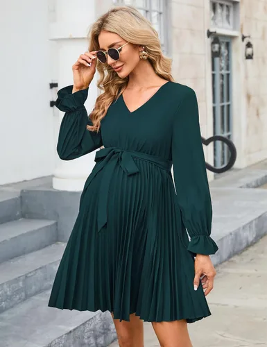 Miniatura 3 de KOJOOIN Vestido plisado de manga larga abombada para mujer, cuello en V, volantes, casual, con cinturón, vestido midi para baby shower, sesión