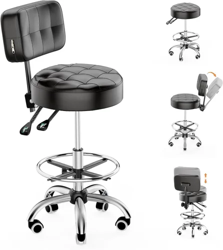YJHome Taburete rodante, taburetes rodantes con ruedas, reposapiés, respaldo de altura ajustable, capacidad de peso de 400 libras, silla giratoria