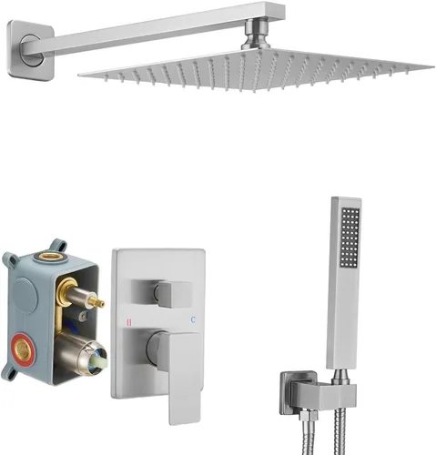 Miniatura 13 de Sistema de ducha negro mate de 10 pulgadas para baño, juego combinado de ducha de lujo con mezclador de lluvia, montado en la pared, grifo de ducha