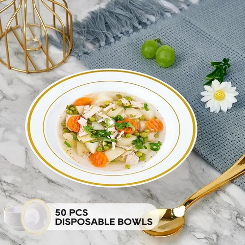 Miniatura 2 de JOLLY PARTY 50 cuencos de plástico con borde dorado, cuencos de sopa desechables de 12 onzas, cuenco de ensalada de postre prémium para Navidad