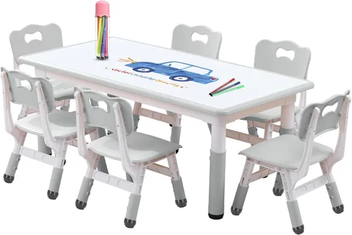 Miniatura 9 de Juego de Mesa y Silla para Niños Ajustable en Altura para Niños Pequeños y Juego de 6 Sillas con Escritorio a Prueba de Grafiti, Patas