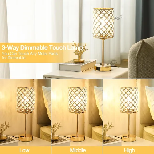 Miniatura 2 de Lámpara de mesa de cristal con control táctil, lámpara de mesita de noche regulable con puertos de carga USB-C+A y CA, lámpara USB dorada de 3 vías