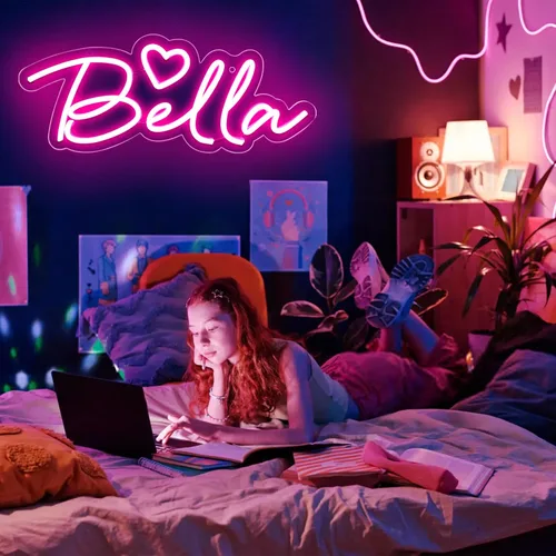 Miniatura 7 de Letrero de neón grande con nombre de Bella para decoración de pared, luz LED de neón para dormitorio de niños, decoración de fiesta de cumpleaños