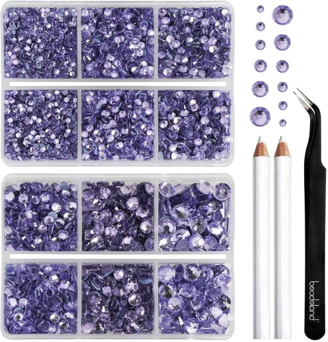 Miniatura 16 de BEADSLAND Hotfix - 6080 diamantes de imitación azul oscuro para ropa y manualidades, mezclados en 6 tamaños con kit de lápiz de cera y pinzas, Zafiro