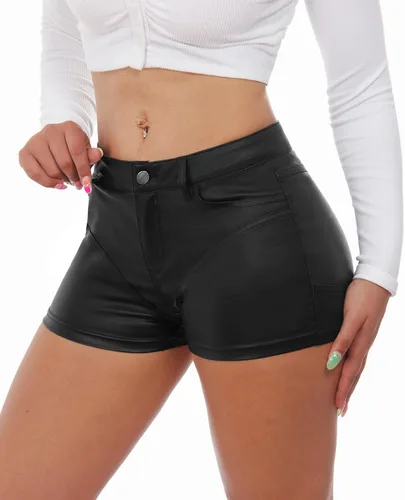 Miniatura 2 de RAMISU Pantalones cortos de mezclilla ajustados y elásticos para mujer, con aspecto de cuero, con bolsillos