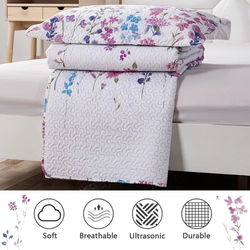 Miniatura 7 de Juego de cama de verano ligero y delgado con diseño floral de tamaño Queen/Full, conjunto de colcha y cubrecama botánico con flores lila