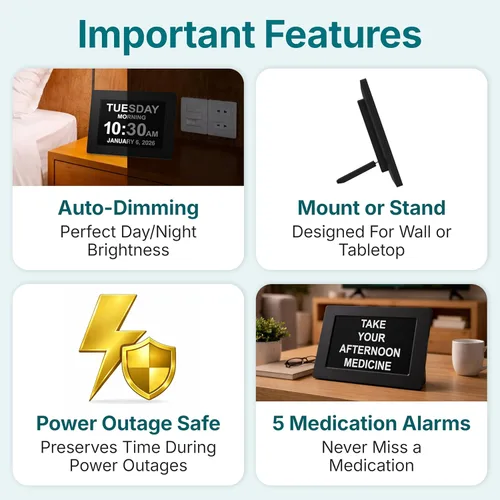 Miniatura 7 de American Lifetime Reloj digital grande para personas mayores, negro, 8 pulgadas, con día y fecha, alarmas personalizables, atenuación automática