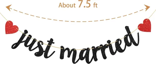 Miniatura 2 de Cartel de Just Married – Cartel de boda – Decoración de despedida de soltera de boda (negro y rojo)
