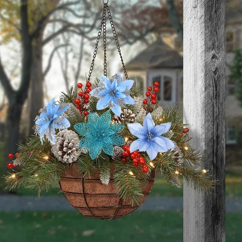 Miniatura 7 de Floweroyal 30 piezas Flores de Pascua Artificiales de Navidad Decoraciones con Clips y Tallos de Bayas Adornos con Purpurina para Árbol de Navidad