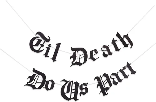 Cartel de letra gótica con texto en inglés "Til Death Do Us Part", cartel de cumpleaños en inglés antiguo, boda, aniversario, San Valentín (negro