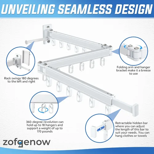 Miniatura 4 de ZOFGENOW Tendedero de Ropa de Pared Plegable, Retráctil y Colapsible (Tri-Pliegue) de Aluminio que Ahorra Espacio para Uso Interior y Exterior