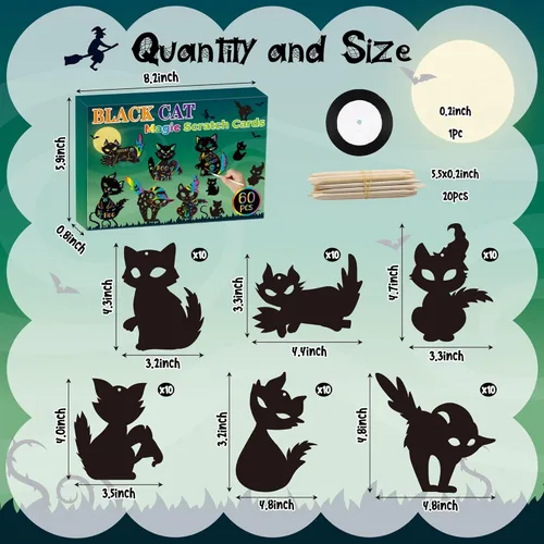 Miniatura 2 de CY2SIDE Tarjetas de rascar de gato negro de Halloween - Juego de 60 piezas de tarjetas de ornamento espeluznante de Halloween para niños, kit