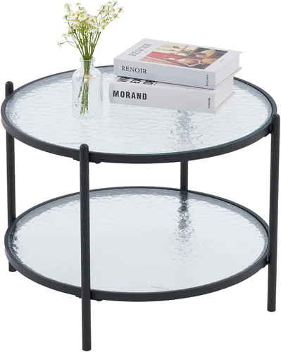 Miniatura 9 de VINGLI 65 cm Mesa pequeña redonda de centro de vidrio de onda de agua en negro mate, mesa central con diseño de almacenamiento moderno de 2 niveles