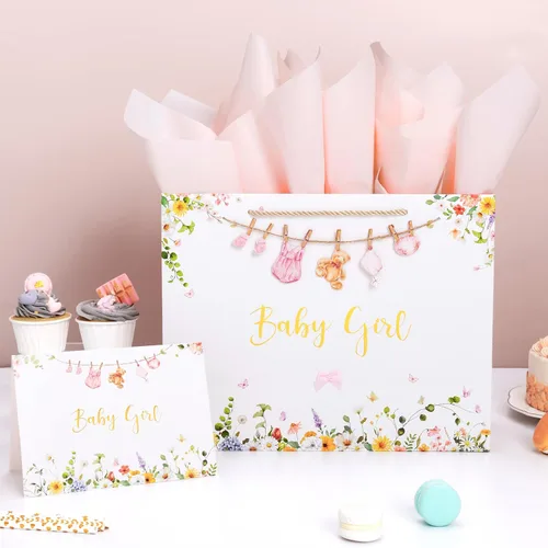 Miniatura 3 de Crisky Bolsa de regalo grande de 13 pulgadas para baby shower con papel de seda, tarjeta de regalo y lazo para decoraciones de baby shower, regalos