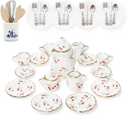 Miniatura 12 de Odoria 1/12 Juego de té de porcelana en miniatura Platos y cubiertos Utensilios de cocina Accesorios para casa de muñecas, azul mediterráneo