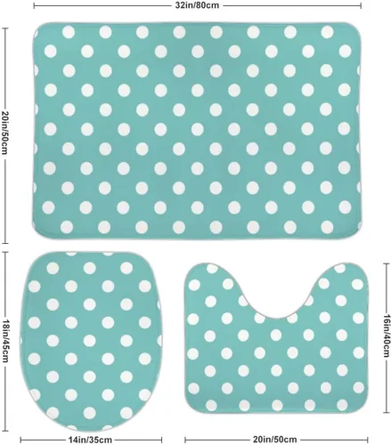 Miniatura 2 de Juego de 3 alfombras de baño con diseño de lunares, color azul aguamarina, antideslizante, con contorno en forma de U y tapa de inodoro