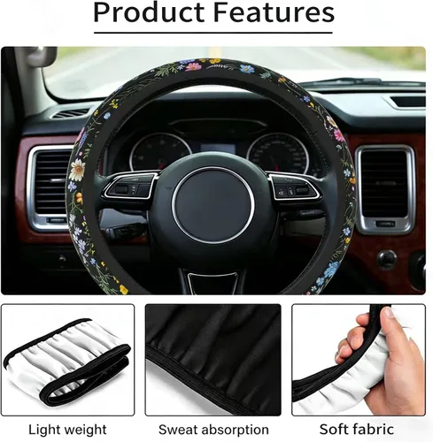 Miniatura 3 de Funda para volante de automóvil para mujeres y hombres, volante antideslizante y transpirable, protector de volante de flores silvestres, accesorios