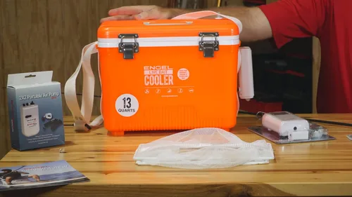 Miniatura 7 de Engel Caja enfriadora de cebo vivo con bomba aireadora de 2ª generación de 2 velocidades, estación de pesca portátil y cubo de pececillos