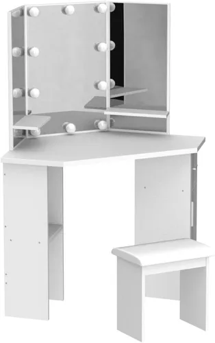 Miniatura 4 de Escritorio pequeño de esquina con espejo y luces, mesa de tocador de maquillaje para dormitorio con cajones deslizantes y armario de almacenamiento