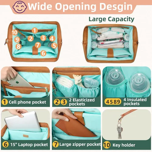 Miniatura 3 de MOMINSIDE Mochila para pañales, bolsa de pañales de cuero, bolsa de bebé, bolsa de pañales grande para bebé, bolsa de mamá con 16 bolsillos, bolsa
