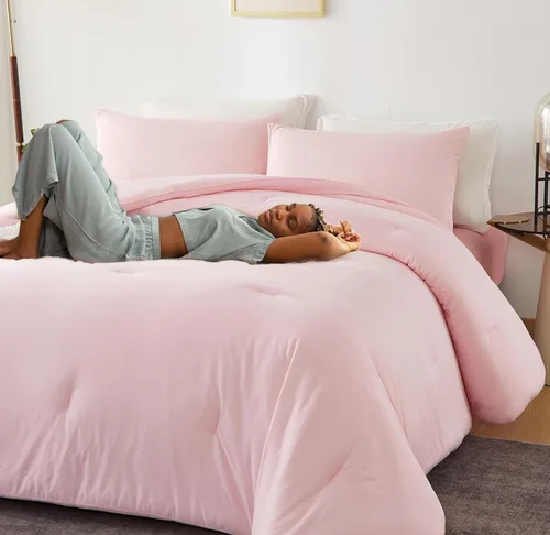 Miniatura 2 de MorroMorn Juego de edredón rosa individual, 4 piezas de cama en una bolsa para todas las estaciones, juego de cama rosa nube, sábanas bajeras