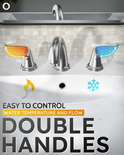 Miniatura 5 de WOWOW Grifo de baño de latón sólido de 2 asas con 3 agujeros, grifo de lavabo de acero inoxidable para tocador, grifo de lavabo de baño de níquel