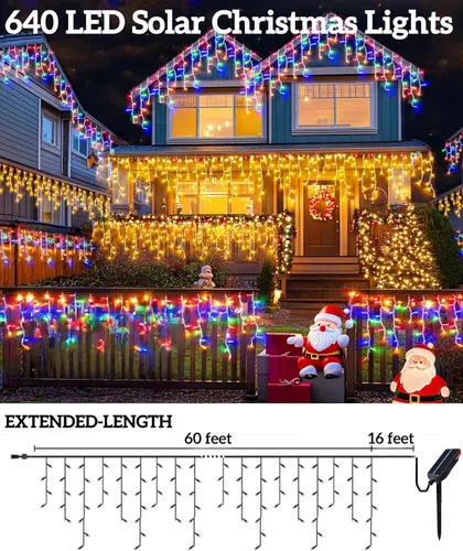 Miniatura 5 de Luces solares de Navidad para exteriores, 640 LED, 16 pies + 60 pies, luces solares de carámbano que cambian de color, impermeables, con 13 modos