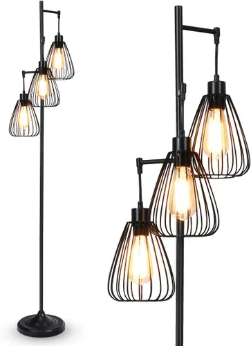 Miniatura 9 de Tangkula - Lámpara rústica de árbol de 3 cabezas, lámpara de pie de metal de 67 pulgadas con 3 pantallas colgantes, iluminación de jaula para sala