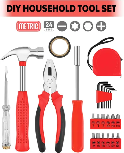 Miniatura 2 de Kit de herramientas de bricolaje de 24 piezas para el hogar, oficina y garaje - Juego de herramientas de mano pequeñas de reparación general con Rojo