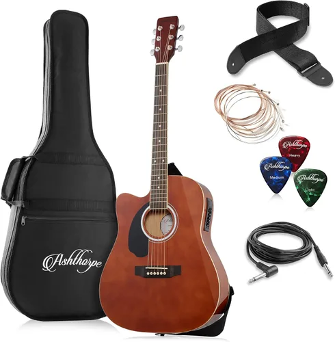 Miniatura 11 de Ashthorpe Paquete de guitarra acústica-eléctrica de tamaño completo para zurdos Dreadnought Cutaway, Tonewoods premium, color negro