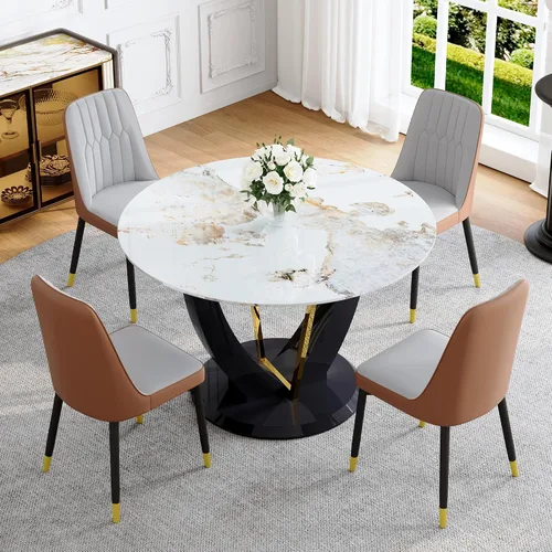 Miniatura 18 de Juego de mesa de comedor redonda para 4, mesa moderna de 48" con tapa de mármol sintético falso y pedestal brillante negro, juego de mesa de cocina