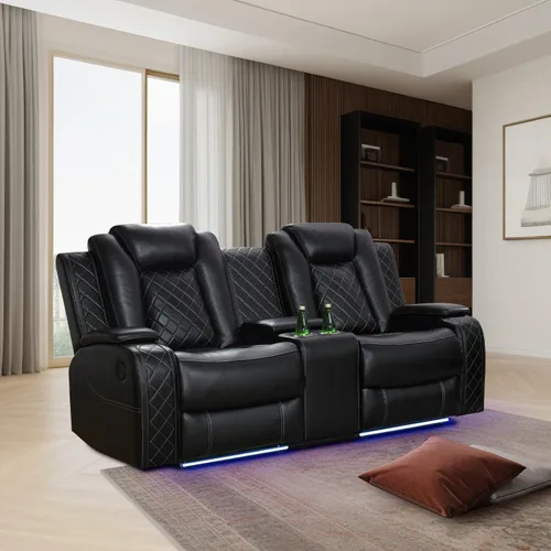 Miniatura 11 de Juego de sillón reclinable eléctrico con luces LED, juego reclinable de cuero sintético con puerto USB/cargador inalámbrico/consola de Borgoña