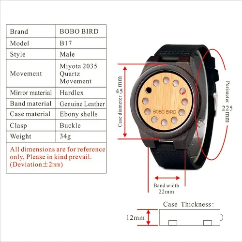 Miniatura 4 de BOBO BIRD Reloj de madera de bambú para hombre con correa de cuero de vaca negra, 12 agujeros, diseño temporizador, relojes deportivos casuales