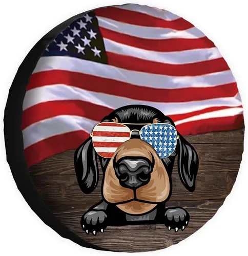 Miniatura 22 de Cubierta de neumático de repuesto para perro salchicha con gafas de sol con bandera de Estados Unidos, fundas protectoras de ruedas a prueba